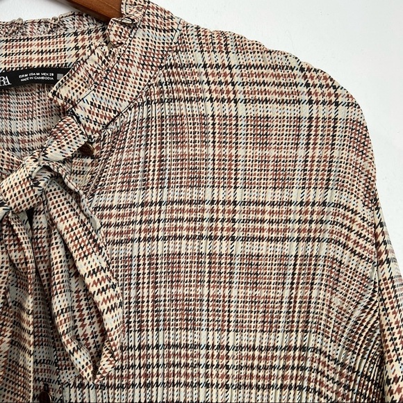 Zara Long Sleeve Plaid Houndstooth Academia Style Tie Neck Blouse - Picture 6 of 7